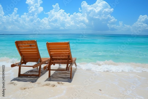 Two chairs on beach facing ocean with blue sky
