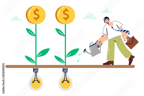 Business man monetizes ideas to generate income from startup, waters seeds from light bulbs