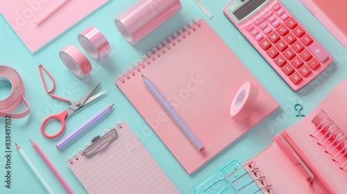 Minimalistic pastel pink stationery, flat lay, pink and blue background, paper tape, notepad, pencil, scissors, calculator, digital art