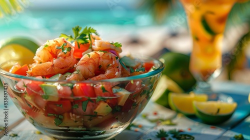 Indulge in a vibrant ceviche dish with shrimp, avocado, tomatoes, and cilantro, beautifully presented in a glass bowl on a tropical beach with colorful cocktails.