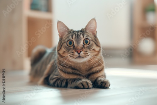 Photo of a tabby cat sitting on the floor in front of a sofa  with natural light streaming in through a window. The warm-toned interior design of a modern living room is in the background.