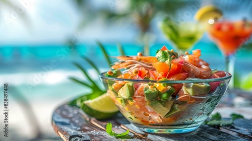 Indulge in a stunning ceviche creation featuring fresh shrimp, avocado, tomatoes, and cilantro in a glass bowl, set against a tropical beach with colorful cocktails.