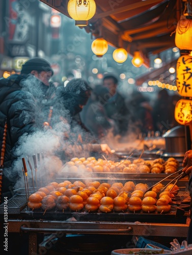 Experience the authentic street food culture in Osaka with vibrant takoyaki cooking on a stall, enveloped in steam, against a bustling crowd backdrop.