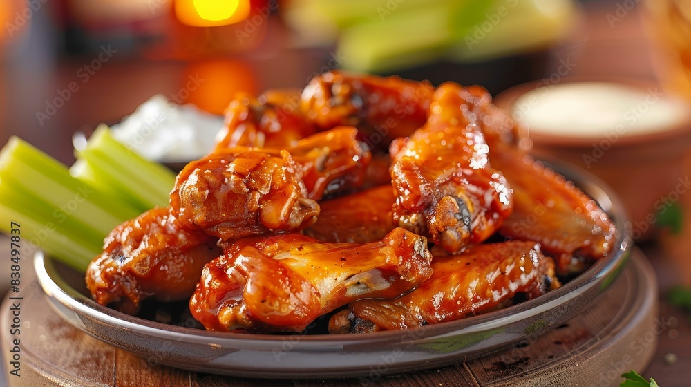Indulge in savory Buffalo wings with zesty sauce, paired with celery and blue cheese dip, against a lively sports bar backdrop. Indulge in savory Buffalo wings with zesty sauce, paired with celery and blue cheese dip, against a lively sports bar backdrop.