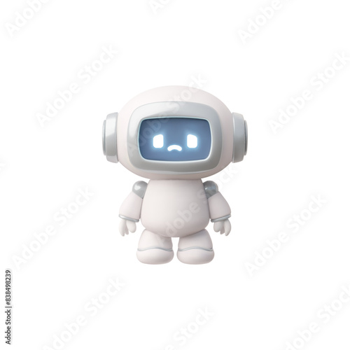 Cartoon 3D chat bot with a sad face on an isolated background.