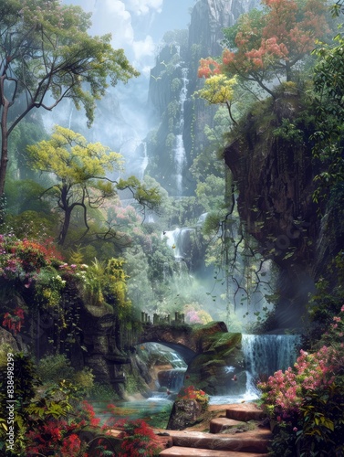 Fantasy landscape with waterfalls  panorama. Generative AI hyper realistic 