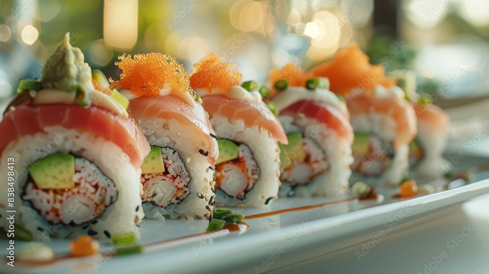 Indulge in exquisite sushi platter featuring tuna, salmon, and avocado rolls. Vibrant colors against serene Japanese ambiance. Perfect for sushi lovers. Indulge in exquisite sushi platter featuring tuna, salmon, and avocado rolls. Vibrant colors against serene Japanese ambiance. Perfect for sushi lovers.