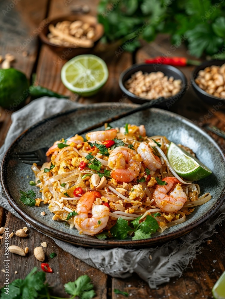 Delight in a colorful plate of Pad Thai with shrimp, topped with lime wedges and peanuts. Served on a rustic wooden table with Thai decor. Delight in a colorful plate of Pad Thai with shrimp, topped with lime wedges and peanuts. Served on a rustic wooden table with Thai decor.