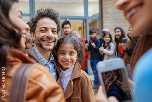 Happy parents take pictures of their children at the entrance to the school, smiles and joy on their faces