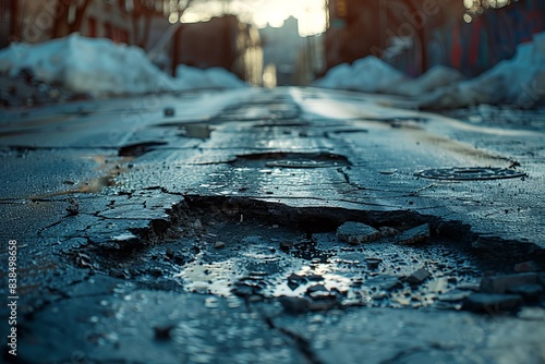 Winter urban street with deep potholes filled with water, showcasing the rough road conditions and challenges of maintenance. photo