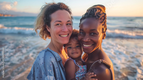 lesbian NON BINARY couple with child have fun at ocean beach seaside in summer, interracial relationship. photo