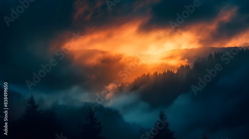 Silhouetted Forest at Sunset With Misty Clouds. Generative AI