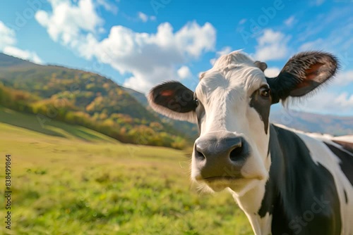 Curious cow peacefully grazing on a lush farm nestled among rolling hills, exploring its surroundings with an adorable expression photo