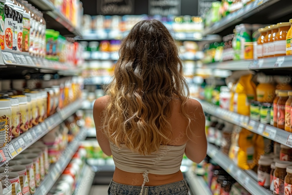 A woman with long wavy hair stands in a supermarket aisle, contemplating options amidst the shelves filled with various products and items.