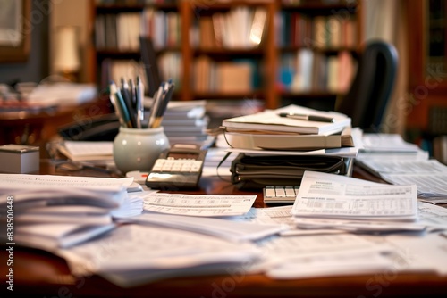 A cluttered desk in a home office filled with papers, books, and stationery, suggesting a busy work environment.