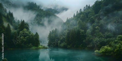 Foggy Morning Over a Serene Forest Lake. Generative AI 
