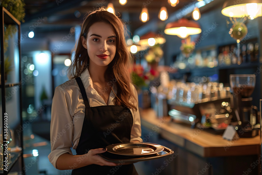 young waitress with white plate in modern restaurant young waitress with white plate in modern restaurant