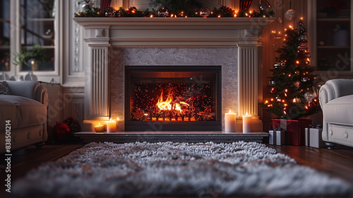 fireplace decorated for christmas, tree, lights and presents, holiday time concept