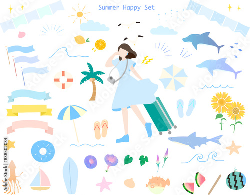 Summer travel - sea creatures - summer set - vacation vector illustration of a woman with a set of outdoor goods