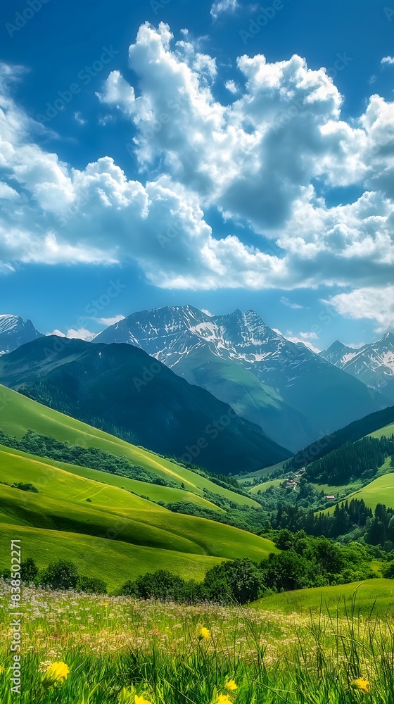 Rolling Green Hills and Majestic Mountains Under a Sunny Summer Sky. Generative AI