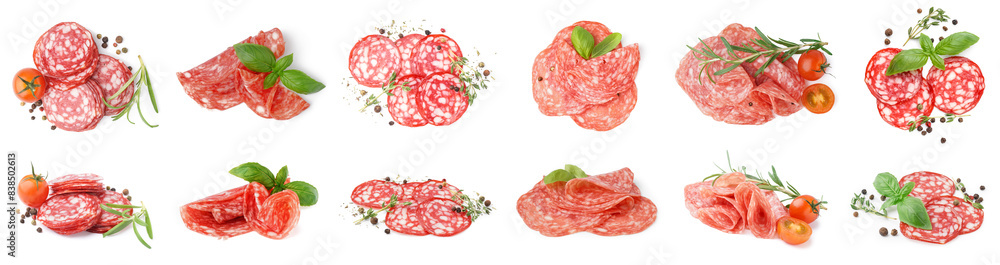 Set of tasty sliced salami on white background Set of tasty sliced salami on white background