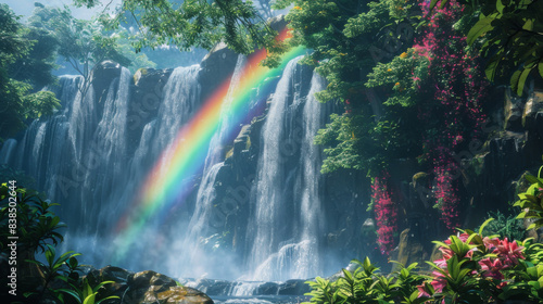 Rainbow near a beautiful waterfall. A natural phenomenon. Inspiring view of a waterfall with a colorful rainbow. Concept of nature.