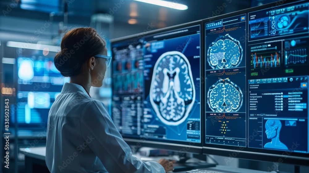 A medical professional examines brain scans on a large monitor in a modern diagnostics center A medical professional examines brain scans on a large monitor in a modern diagnostics center