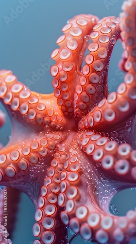 A close-up image of an octopuss tentacle, showcasing the intricate details of the suction cups and the translucent, pink skin. Generative AI photo