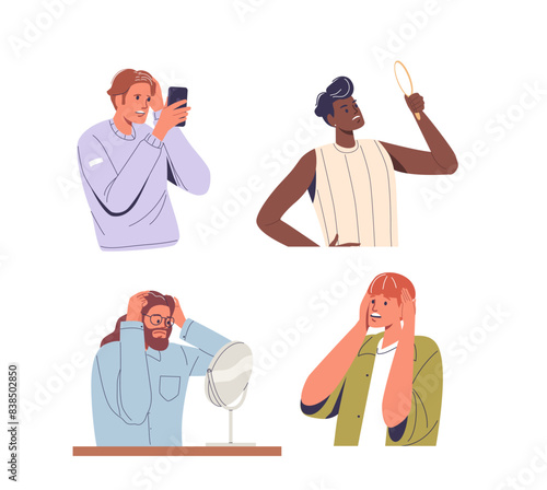 Characters Reacting To Finding Gray Hair Or Experiencing Hair Loss. Cartoon People Show A Different Emotional Response