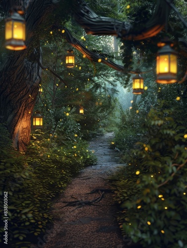 Enchanting forest path with glowing lanterns and fireflies. Magical nature scene. hyper realistic 