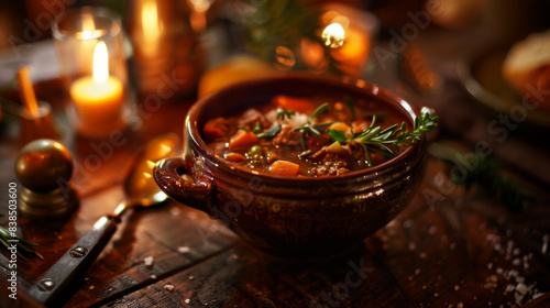 Hot dish in a ceramic bowl. Hearty and appetizing stew in a bowl on a wooden table in a cozy authentic atmosphere. Food concept, hot dishes. © Alina Tymofieieva