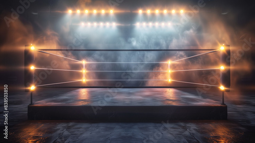 Dimly Lit Boxing Ring with Red and Blue Lights. Empty Boxing Arena Under Dramatic Lighting. Atmospheric and Intense Scene of a Boxing Ring, Ready for a Match