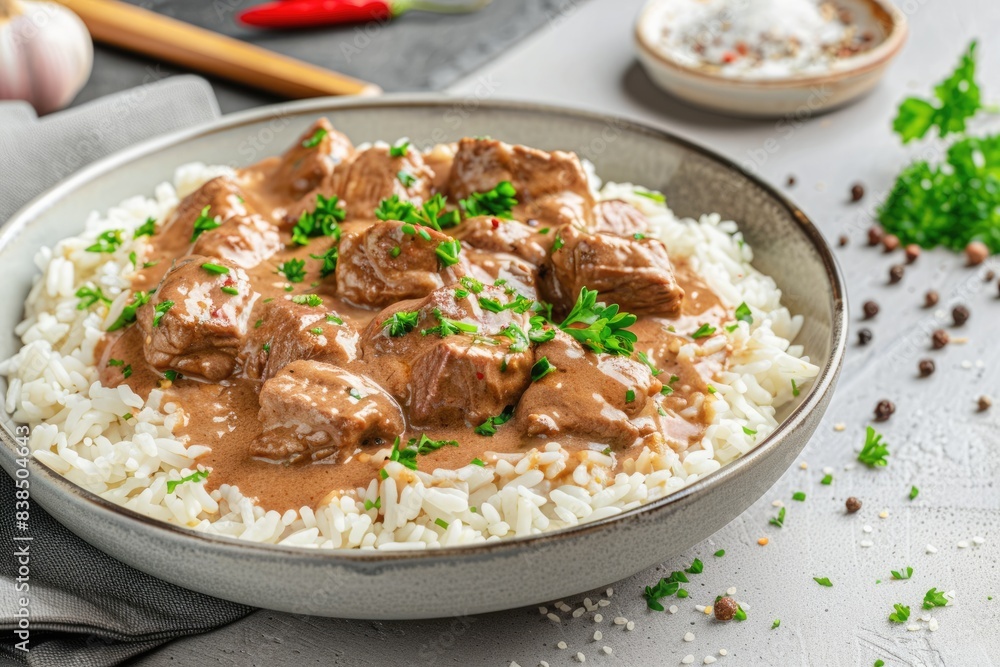 Authentic Beef Stroganoff with Rice and Parsley. Czech Cuisine Delight Authentic Beef Stroganoff with Rice and Parsley. Czech Cuisine Delight