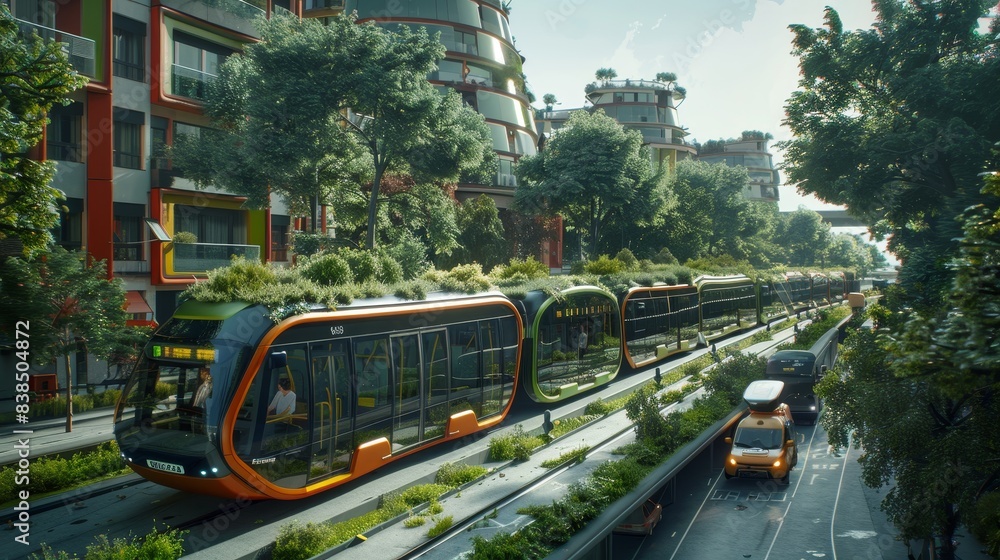 Fototapeta premium A futuristic city with bioenergy-powered transportation system, featuring green buses with grass roofs, traveling along elevated tracks, showcasing sustainable urban planning