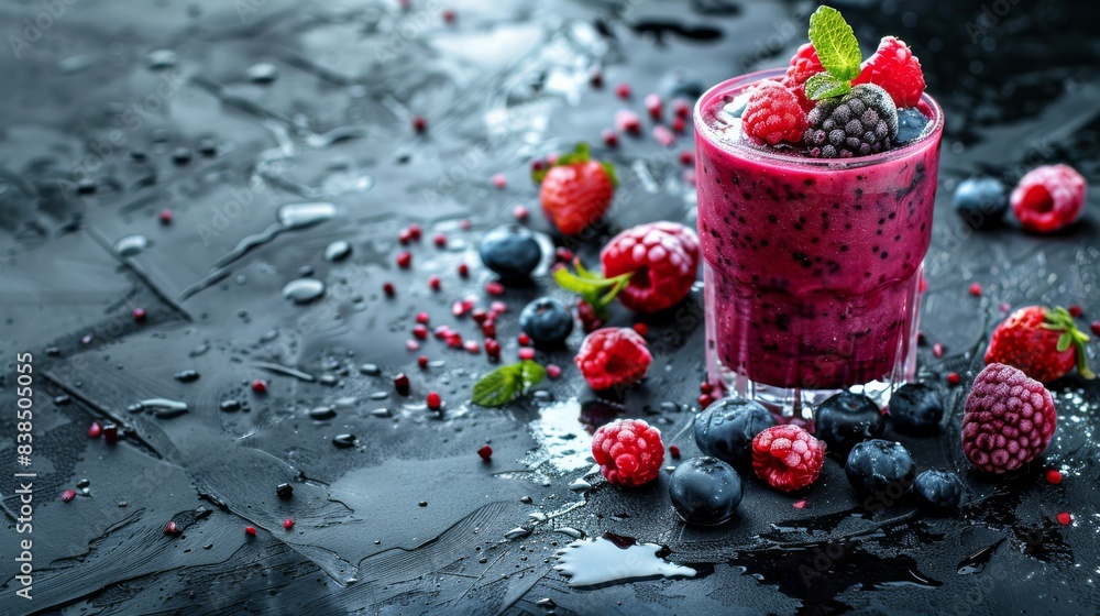 Overflowing with flavor: Munde Berry Smoothie on a fuzzy dark background Overflowing with flavor: Munde Berry Smoothie on a fuzzy dark background