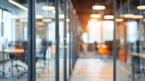 Beautiful blurred background of a modern office interior in gray tones with panoramic windows, glass partitions and orange color accents.