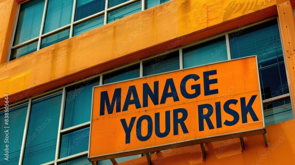 Manage Your Risk. Risk Management. A building with an orange facade and large windows has a sign that reads, Manage Your Risk Manage Your Risk. Risk Management. A building with an orange facade and large windows has a sign that reads, Manage Your Risk