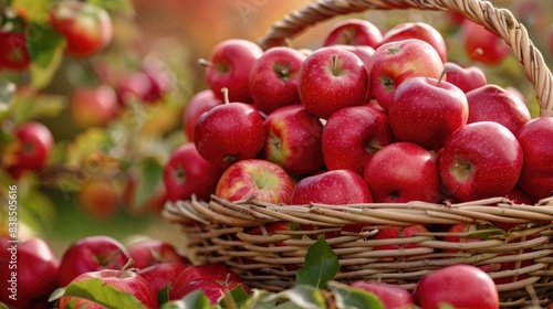 Basket Of Apples. Red Apples Spilling Out From Harvest Basket on Summer Background