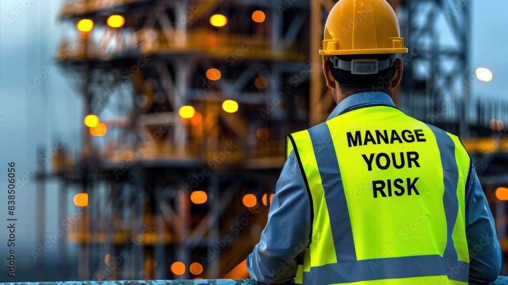Manage Your Risk. Risk Management. Construction worker wearing a safety vest with Manage Your Risk message in front of an industrial site Manage Your Risk. Risk Management. Construction worker wearing a safety vest with Manage Your Risk message in front of an industrial site