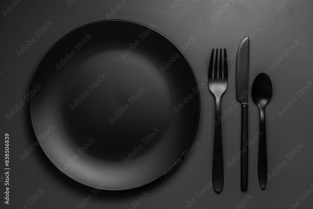 Black Crockery Set with Empty Plate, Spoon, and Fork for Dining Black Crockery Set with Empty Plate, Spoon, and Fork for Dining