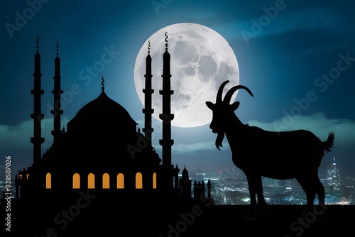 Mosque silhouette, full moon, goat, stars, cityscape�?? embodies significance of Eid al Adha.