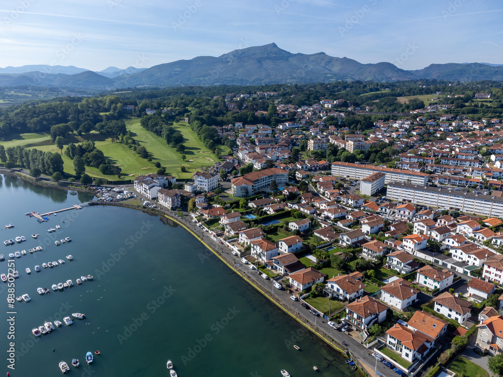 Aerial view on Ciboure and Saint Jean de Luz bay, port, sandy beach on Basque coast, beautiful architecture, nature and cuisine, South of France, Basque Country