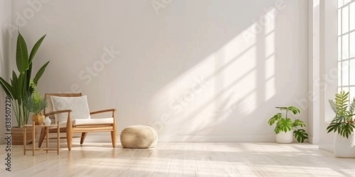 Brick Banner. Interior of Light Living Room with Wooden Armchair, Pouf, and Houseplants for Design