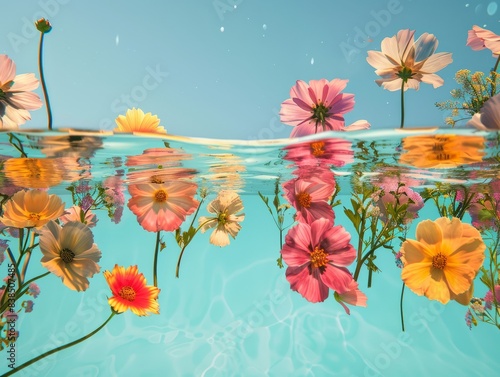 Underwater creative love concept of fresh Spring flowers in blue water background. Love is in the water