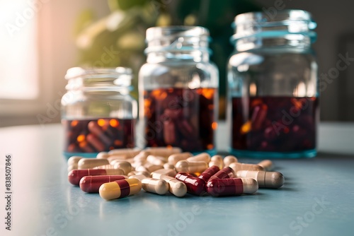 Variety of colorful pills and capsules on table, glass bottles in soft light. photo