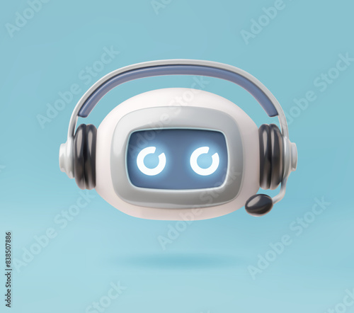 Vector 3D cute robot with headphones and microphone, created as a customer service operator.