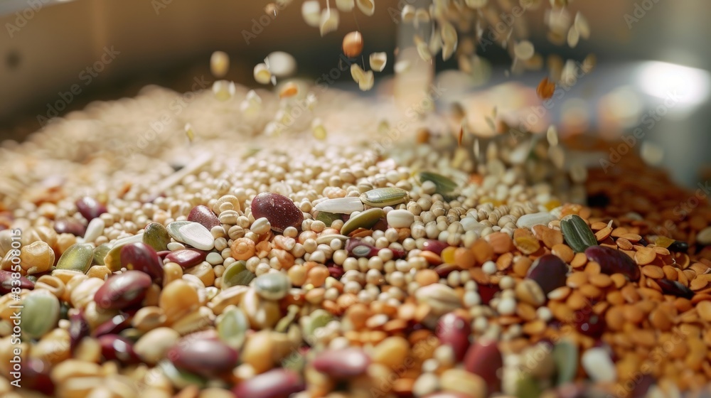 A detailed shot of a robotic feeder in action with a variety of grains and nutrients mixed together for a balanced diet. A detailed shot of a robotic feeder in action with a variety of grains and nutrients mixed together for a balanced diet.