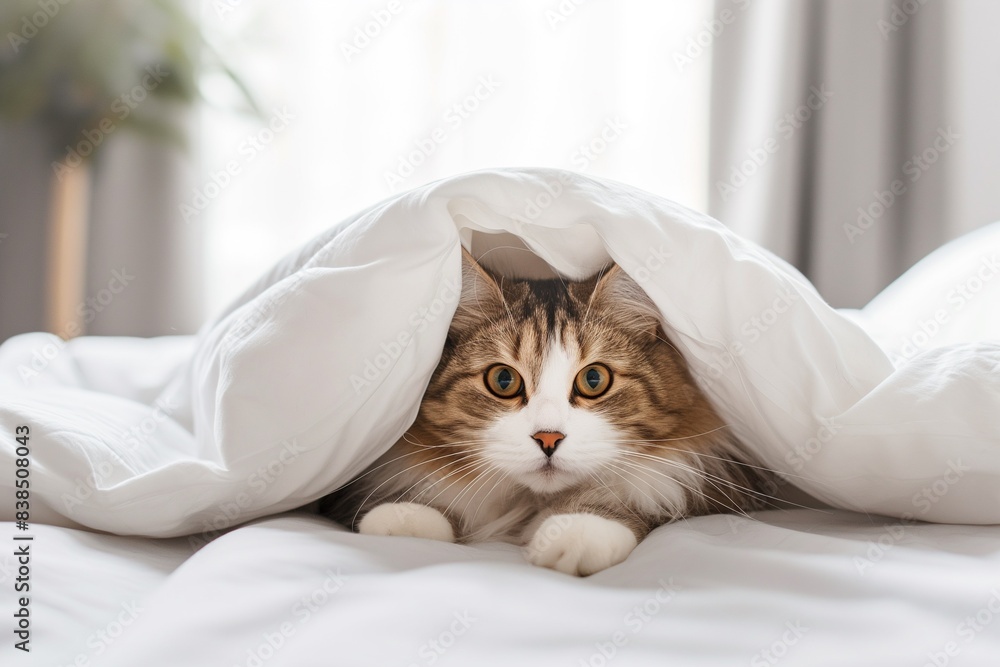 Photo of a cute cat hiding under a blanket, looking at camera. The photo is against a background showing a comfortable home. Space for copy. Photo of a cute cat hiding under a blanket, looking at camera. The photo is against a background showing a comfortable home. Space for copy.
