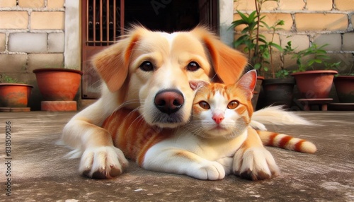 Adorable dog and cat cuddling together - A heartwarming image capturing a golden retriever and orange tabby cat embracing in an affectionate pose photo