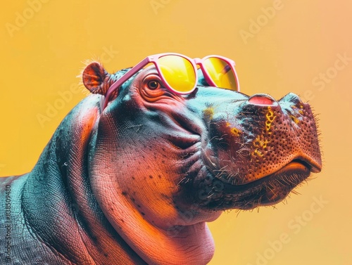 Side photography of a colorful hippopotamus with sunglasses pink, yellow and light blue background photo